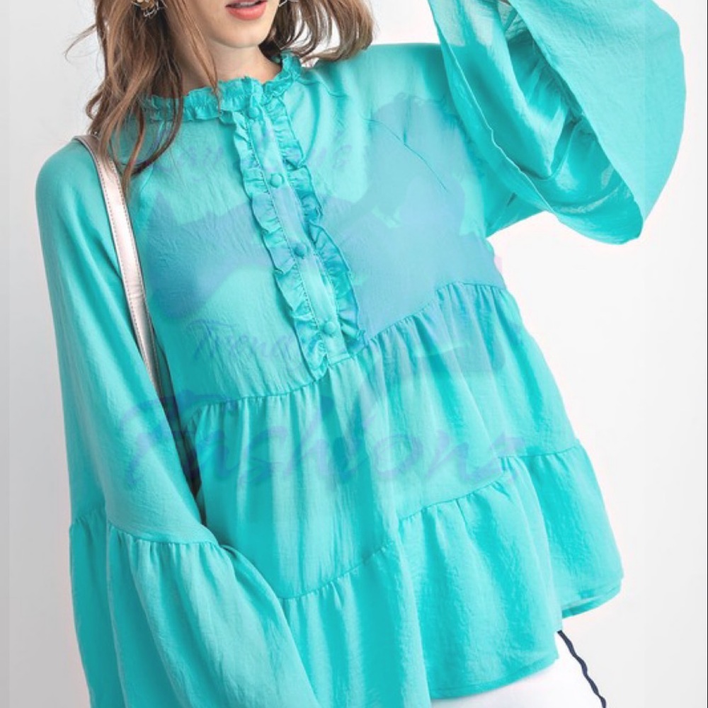 Sheer Oversized Ruffle Tunic- SEA BLUE - Picture 4 of 4